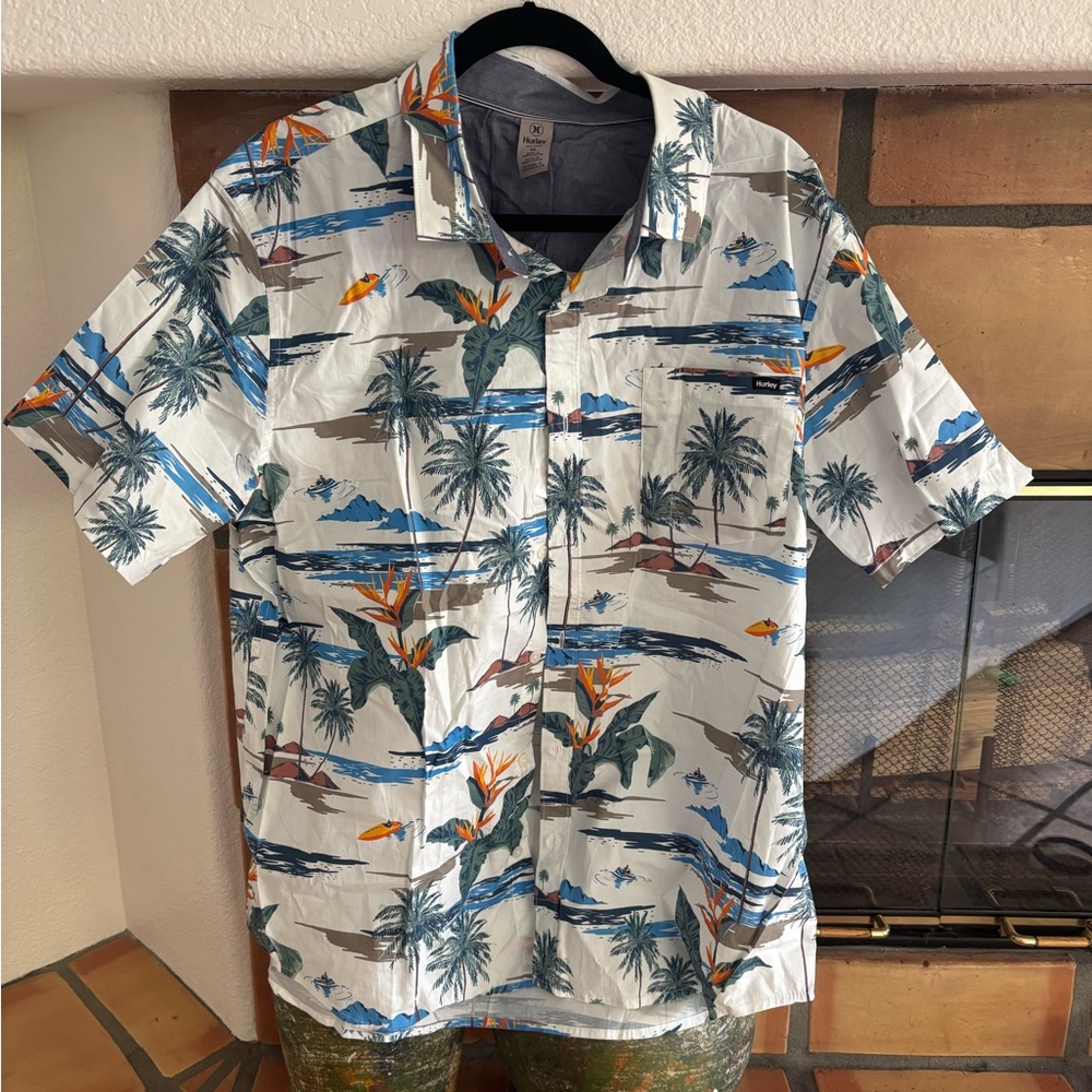 Hurley Men's Short-Sleeve Tropical Print Shirt - White/Blue size XL